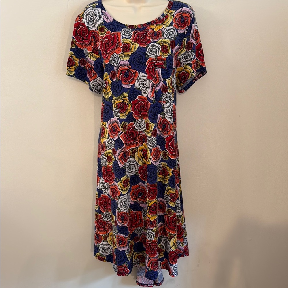 LuLaRoe Navy Midi Dress with Red Rose Print Boho Whimsy Lounge wear Size M